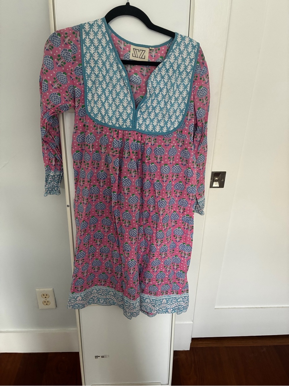 SZ Blockprints Pink and Blue Printed Kaftan Dress